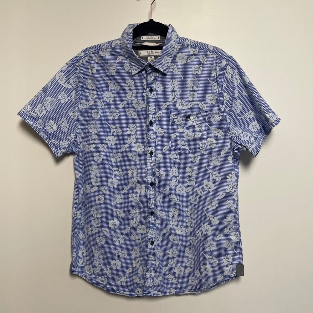 pd & co stretch men's blue gingham floral short‎ sleeve button down shirt size m